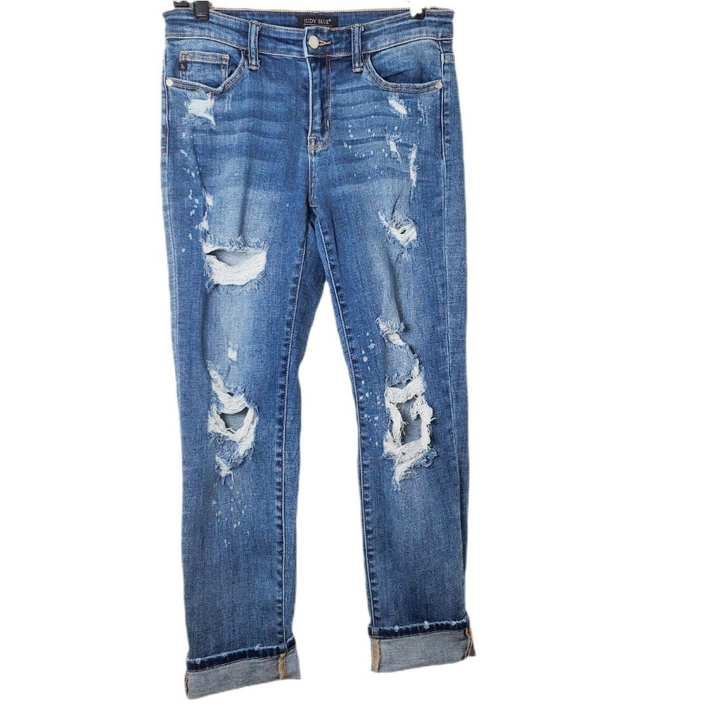 Judy Blue Distressed Boyfriend Fit Jeans Blue Stretch Denim Size 7/28 JB82363MD